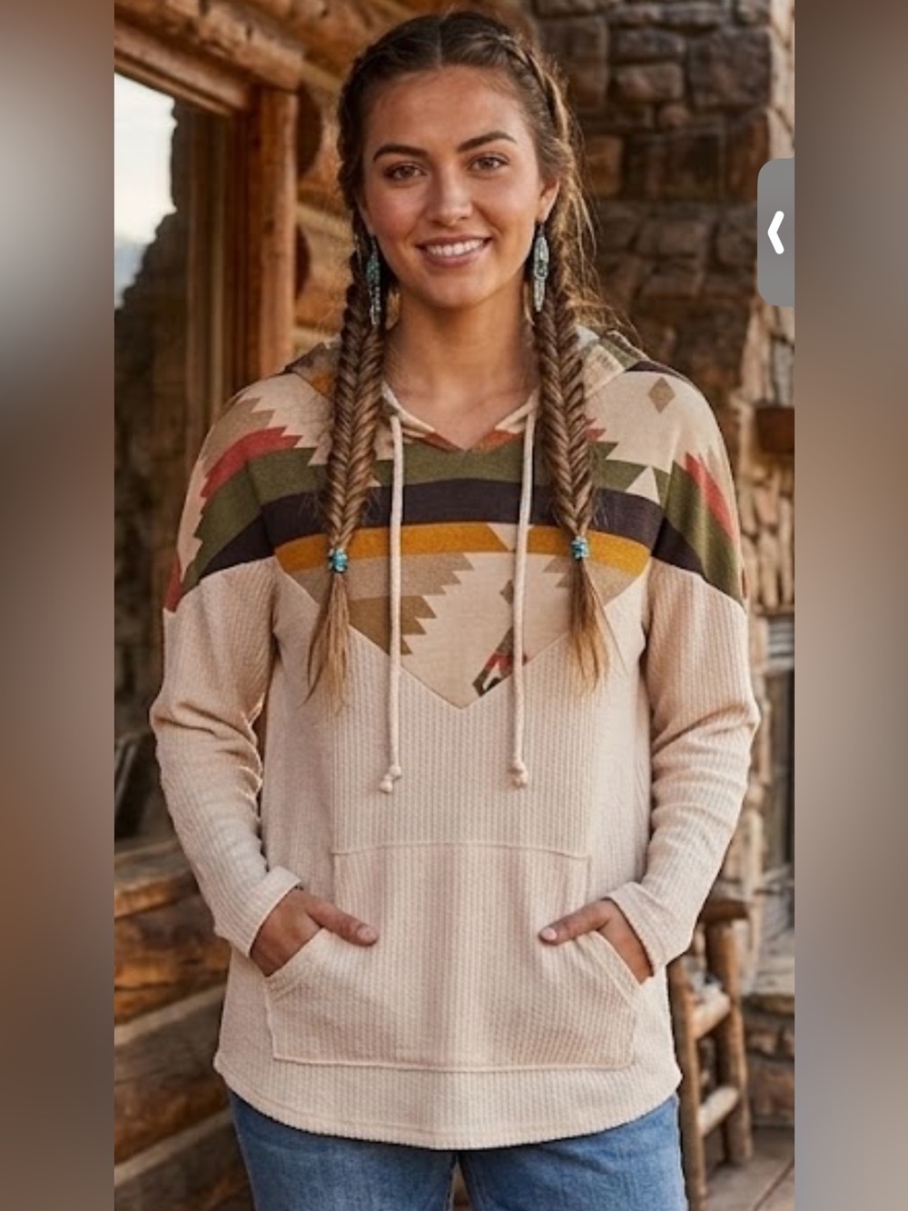 BiBi Beige Crewneck Sweater with Aztec Yoke